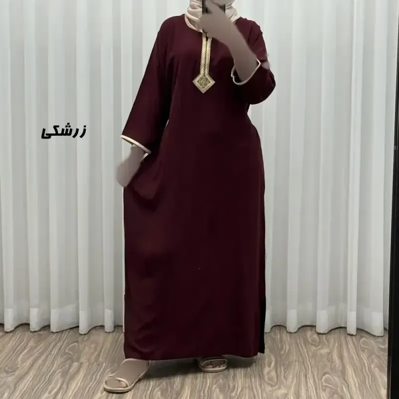 پیراهن کفتان نخی زنانه گلدوزی شده فری سایز مناسب تا سایز 50 با کمربند - تصویر 2