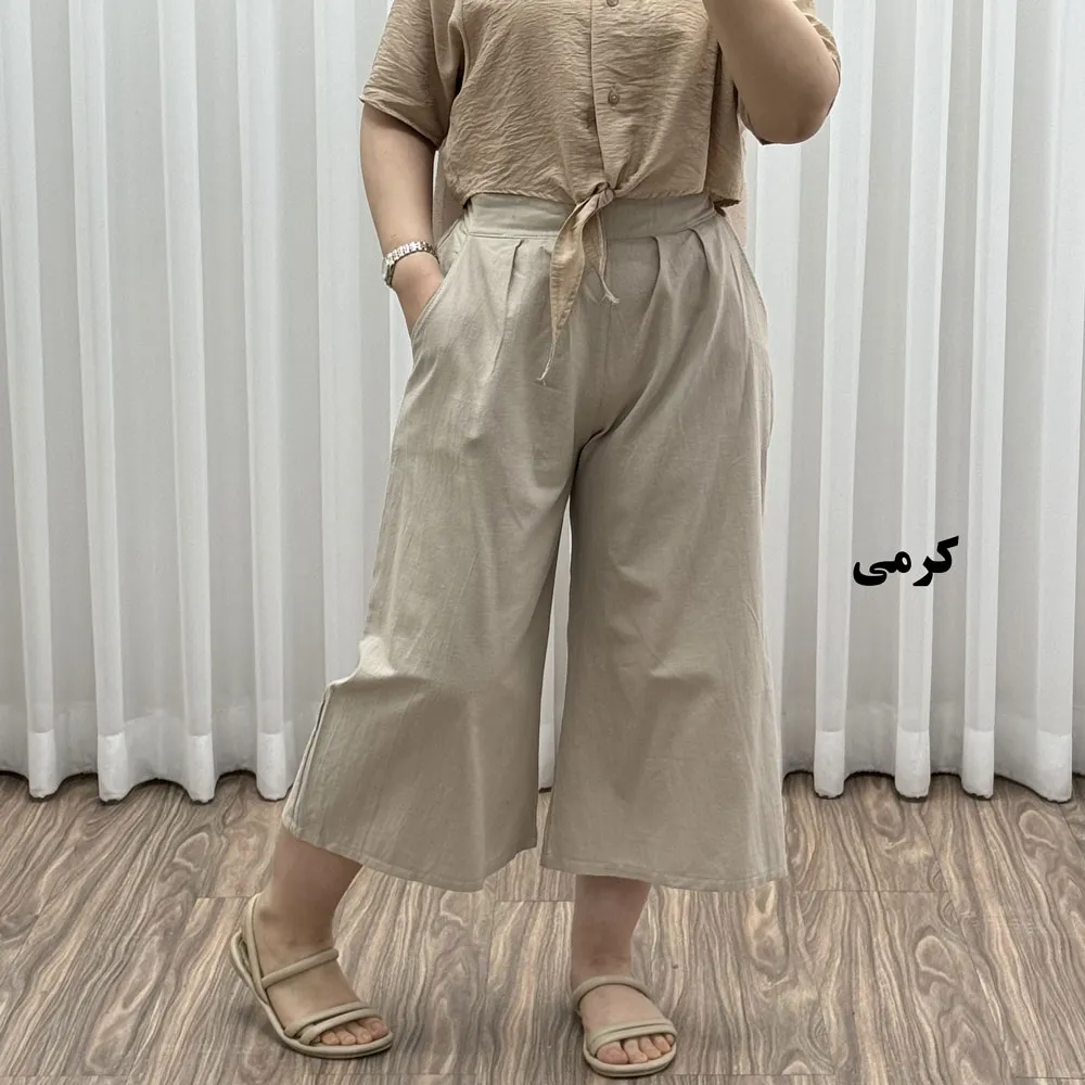 شلوار واید لنین نچرال فری سایز تا 50 تنخور شیک و راحت چهارفصل زنانه مناسب باردار و سایز درشت - تصویر 5