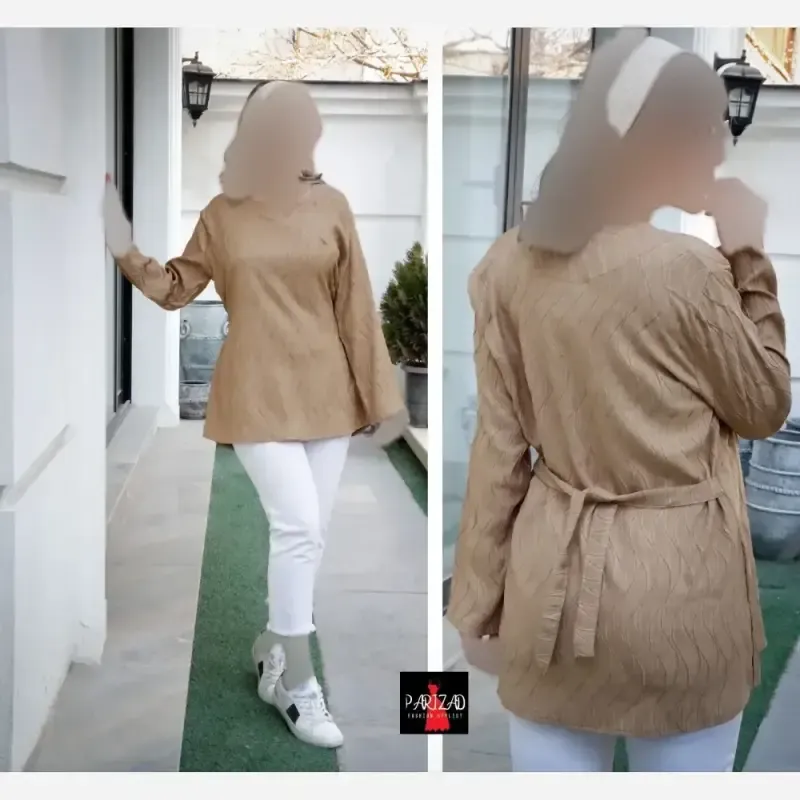 تونیک بهاره نخی طرح موجی کمربندی مناسب سایز 40 تا 46 - تصویر 4
