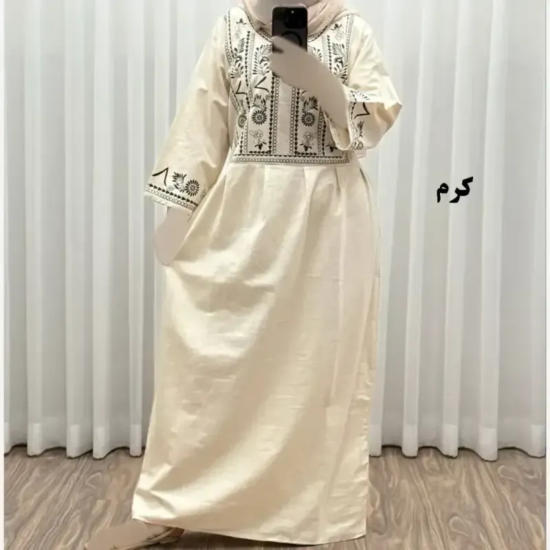 پیراهن زنانه لینن طرح مایا فری سایز مناسب تا 48 با کمربند - تصویر 9