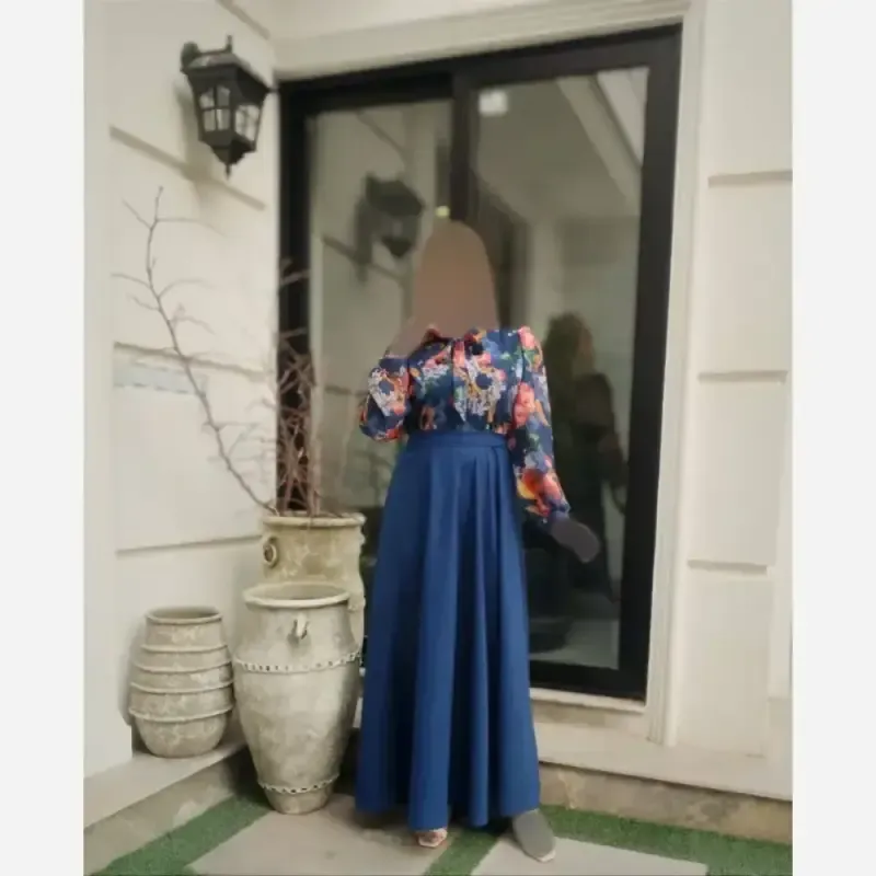 پیراهن زنانه مدل مهرسا کرپ حریر و اسلپ با کمربند رنگ سبز و آبی - تصویر 12