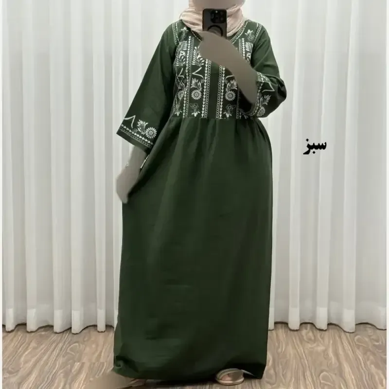 پیراهن زنانه لینن طرح مایا فری سایز مناسب تا 48 با کمربند - تصویر 3