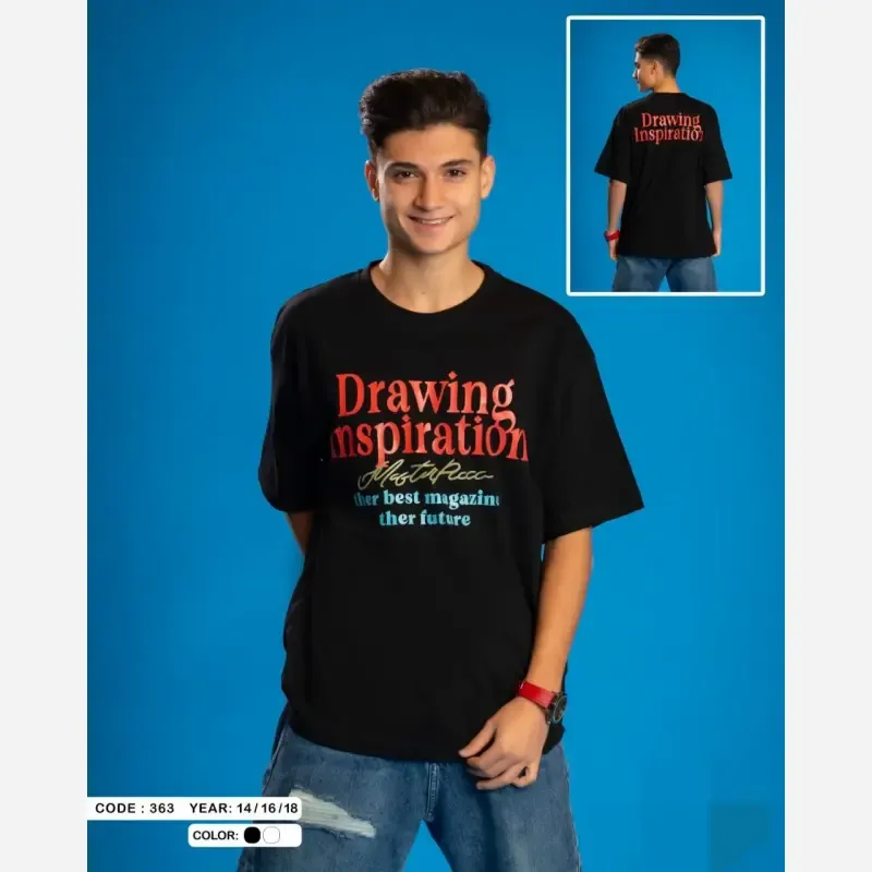 تیشرت نوجوان سایز بزرگ طرح Drawing پنبهای لژ و باکسی سفید و مشکی - تصویر 4