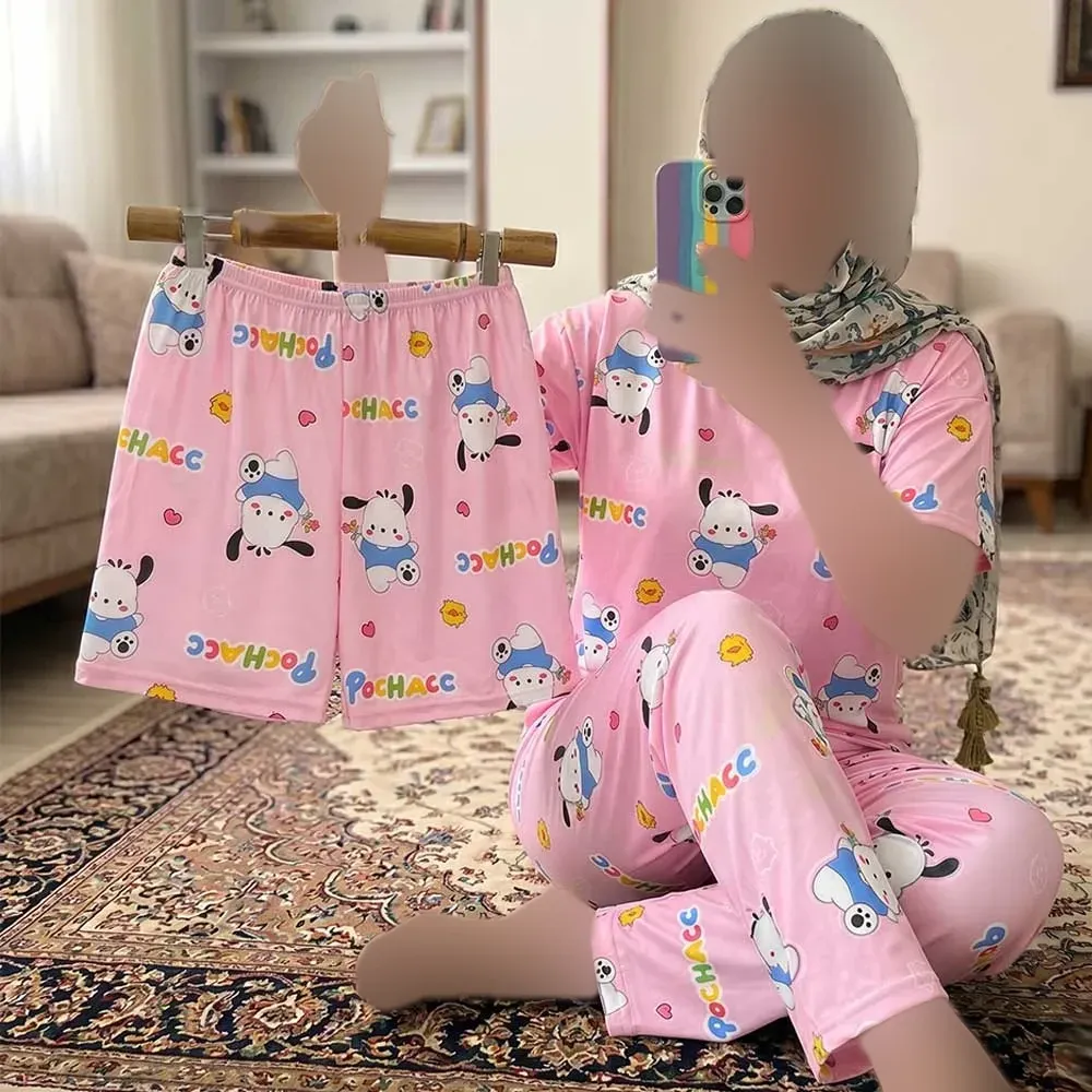 ست سه تیکه زنانه تیشرت شلوار و شلوارک طرح سگ و جوجه جنس گیاهی اسپان فری سایز - تصویر 3
